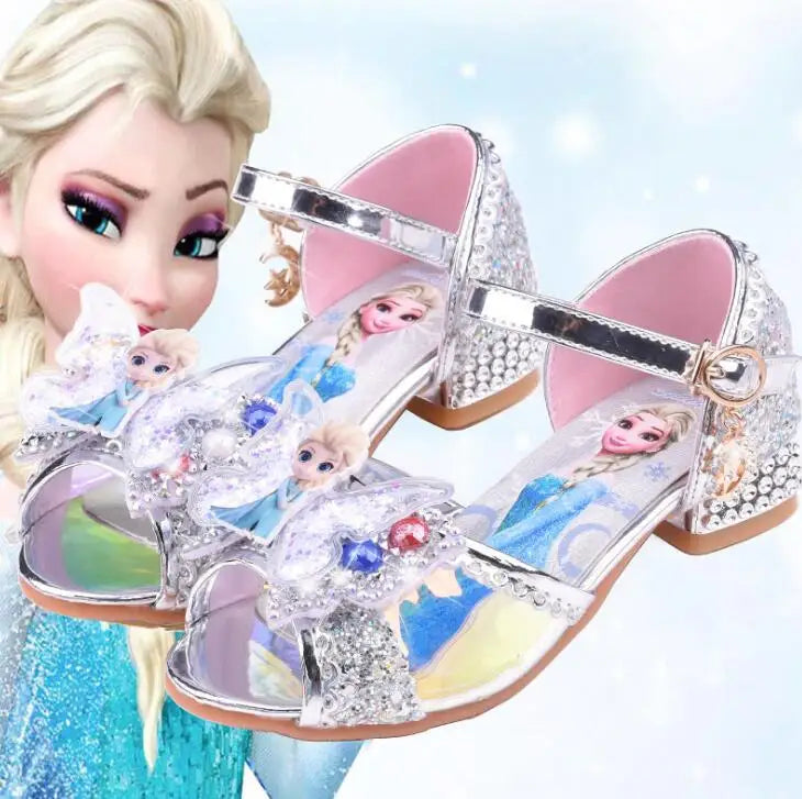 Summer Disney Girls Sandals Frozen 2 Elsa Princess Shoes Little Girls Crystal Shoes Children High Heels Catwalk Show Party Shoes