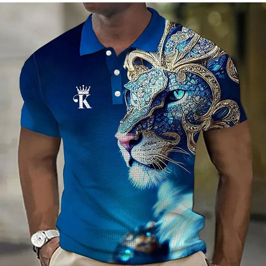 Animal Men'S Polo Shirt 3d Lion Printing Casual Daily Lapel Tops Tees Fierce Beast T Shirt For Man Clothing Summer Short Sleeves