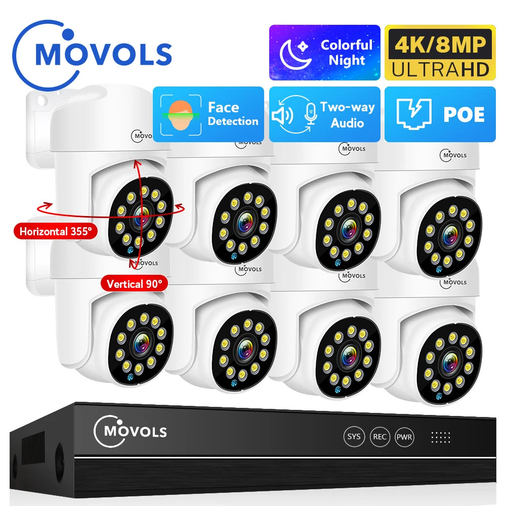 Movols 4K POE Surveillance System 8MP 4MP Two Way Audio PTZ CCTV Outdoor AI Security Camera 8CH P2P NVR Video Surveillance Kit