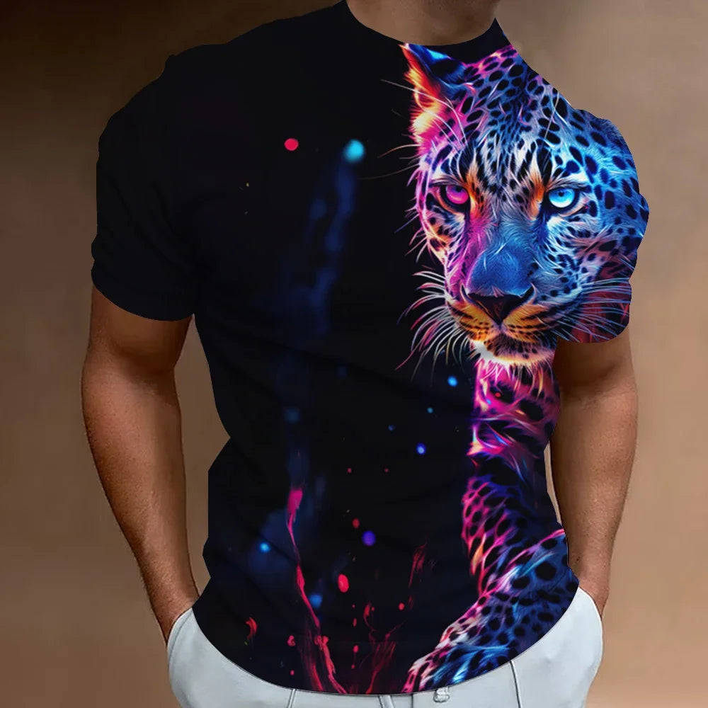 Men's Retro Summer T-shirt, Lion 3D Printed Short Sleeved Top, Oversized Elastic Clothing, Fitness Sweatshirt