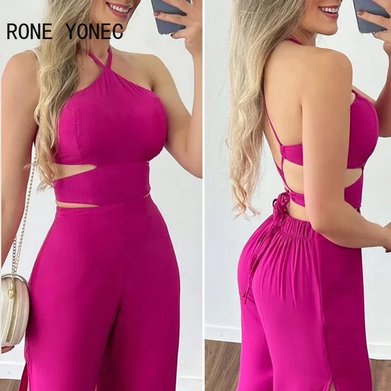 Women Solid Elegant Sexy Halter Cami Crop Top High Silt Elastic Waist Sexy Working Jumpsuit