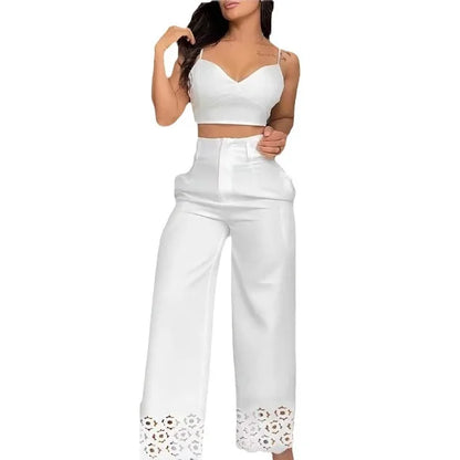 Two Piece Sets Womens Outifits 2024 Fashion V-Neck Cami Crop Top & Casual White Hollow Out Wide Leg High Waist Pants Set