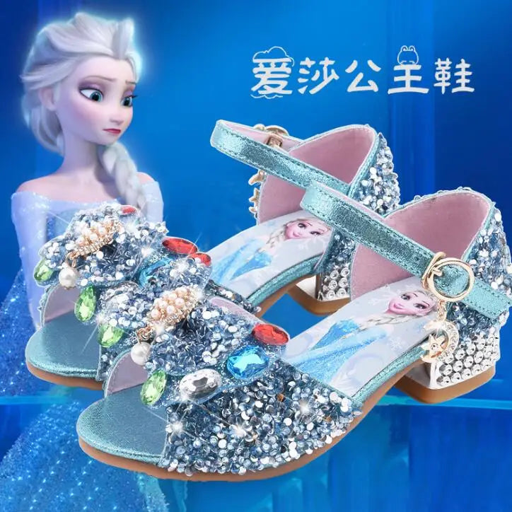 Summer Disney Girls Sandals Frozen 2 Elsa Princess Shoes Little Girls Crystal Shoes Children High Heels Catwalk Show Party Shoes