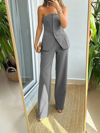 Sleeveless Women's 2-piece Pants Set 2024 Spring Solid Single Breasted Split Tops High Waist Wide Leg Trousers Female Pants Sets