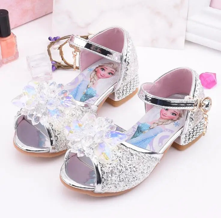 Summer Disney Girls Sandals Frozen 2 Elsa Princess Shoes Little Girls Crystal Shoes Children High Heels Catwalk Show Party Shoes