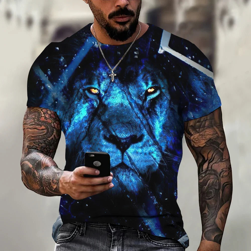 Men's Retro Summer T-shirt, Lion 3D Printed Short Sleeved Top, Oversized Elastic Clothing, Fitness Sweatshirt