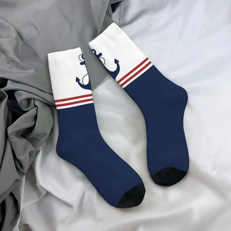 Nautical Navy Blue Anchor With Stripes Men Women Crew Socks Unisex Funny Sailing Sailor Spring Summer Autumn Winter Dress Socks