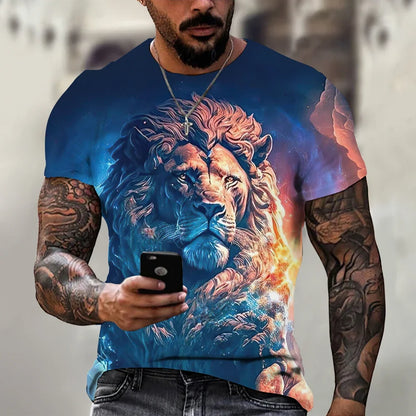 Men's Retro Summer T-shirt, Lion 3D Printed Short Sleeved Top, Oversized Elastic Clothing, Fitness Sweatshirt