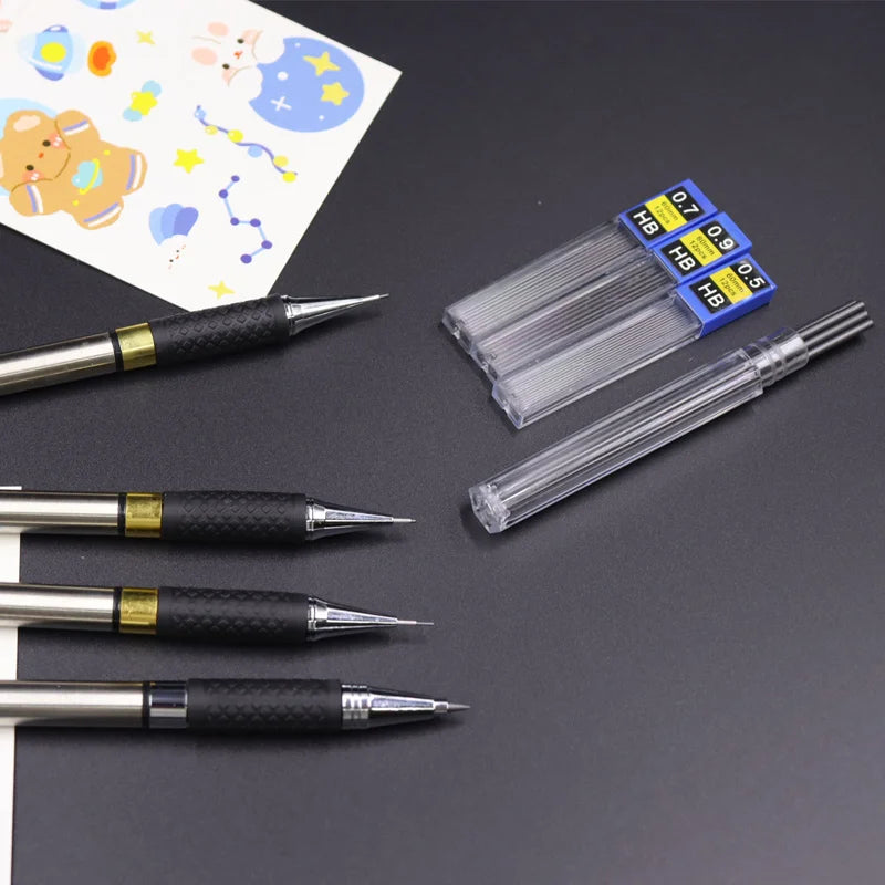 Art Mechanical Pencils Set in Leather Case Metal Drafting Pencil 0.5, 0.7, 0.9 2.0 Mm Black Color Lead Holders For Sketching