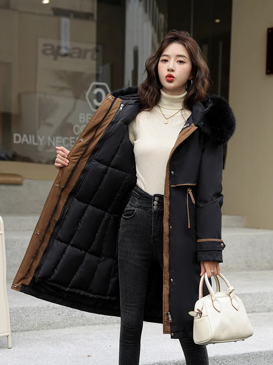 New -30 Degrees Cotton Padded Fur Hooded Long Parkas Down Winter Jacket Women Thick Warm Coat Female Outerwear