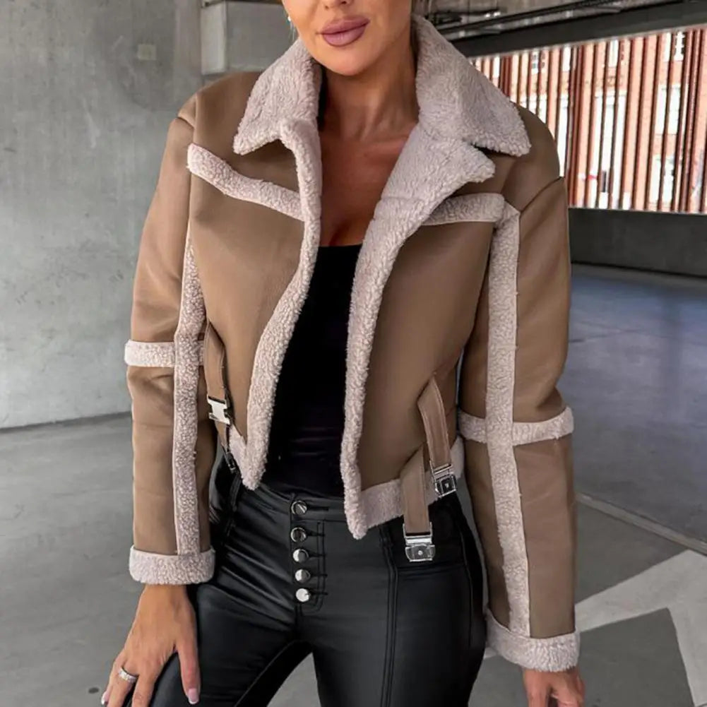 Women Faux Leather Biker Jacket with Faux Fur Trimmed Collar Vintage Moto Coat Warm Winter Outerwear