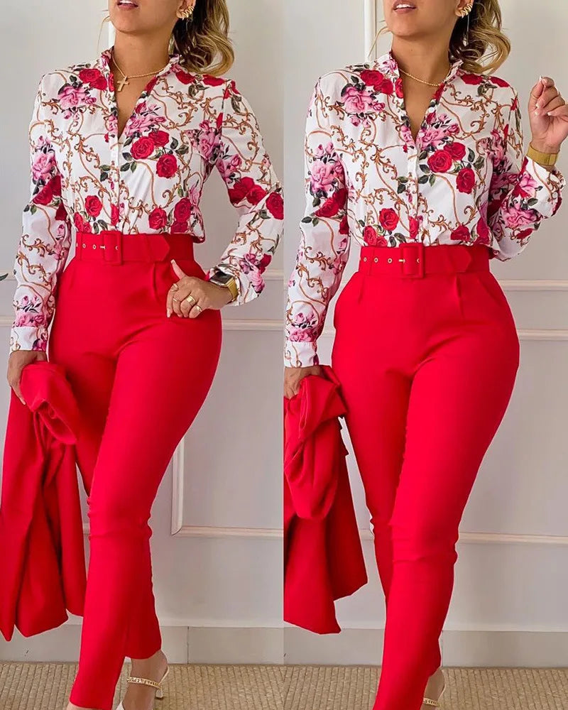 Elegant print shirt and pants two piece sets women