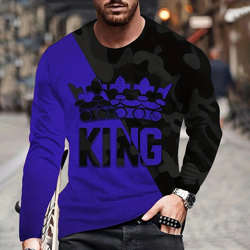 Vintage King King 3D Printed Summer Men's Round Neck T-Shirt Casual Long Sleeve Oversized T Shirt Fashion Pullover Menswear