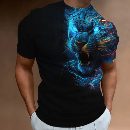 Men's Retro Summer T-shirt, Lion 3D Printed Short Sleeved Top, Oversized Elastic Clothing, Fitness Sweatshirt