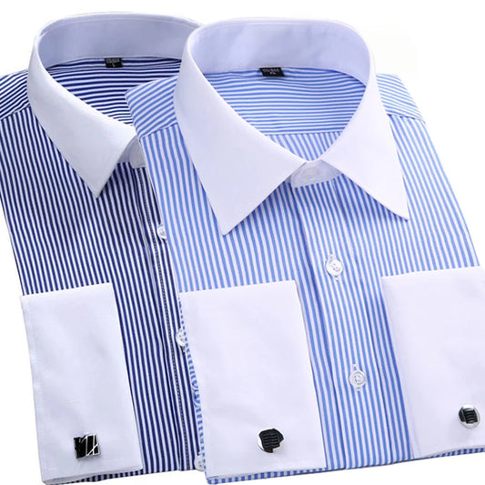 M~6XL Men's French Cuff Dress Shirt 2024New White Long Sleeve Formal Business Buttons Male Shirts Regular Fit Cufflinks Shirt