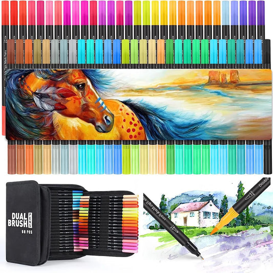 60 Dual Tip Brush Markers Art Markers for Artists,Coloring Pens Brush&Fine Tip Markers for Kids Adult Coloring Books Calligraphy