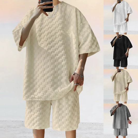 Men's Casual Retro Loose O-neck Top with High Street Jacquard Plaid T-shirt and Shorts Two-piece Summer Sports Suit