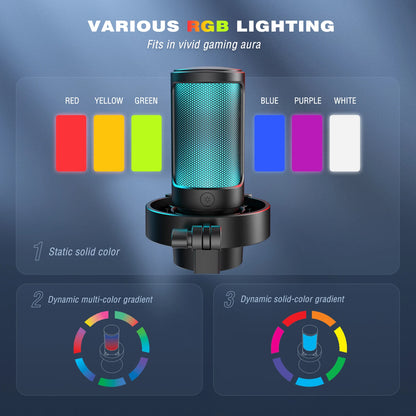 FIFINE USB-microfoon voor opnemen en streamen op pc en Mac, hoofdtelefoonuitgang en touch-mute-knop, microfoon met 3 RGB-modi -A8 