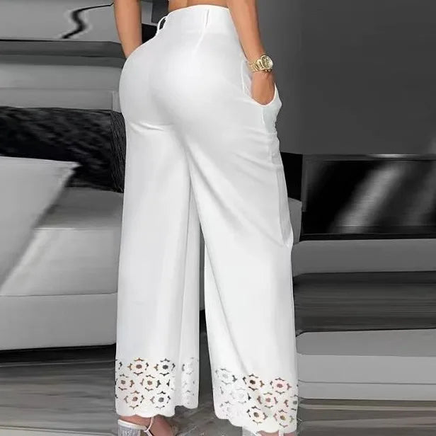 Two Piece Sets Womens Outifits 2024 Fashion V-Neck Cami Crop Top & Casual White Hollow Out Wide Leg High Waist Pants Set