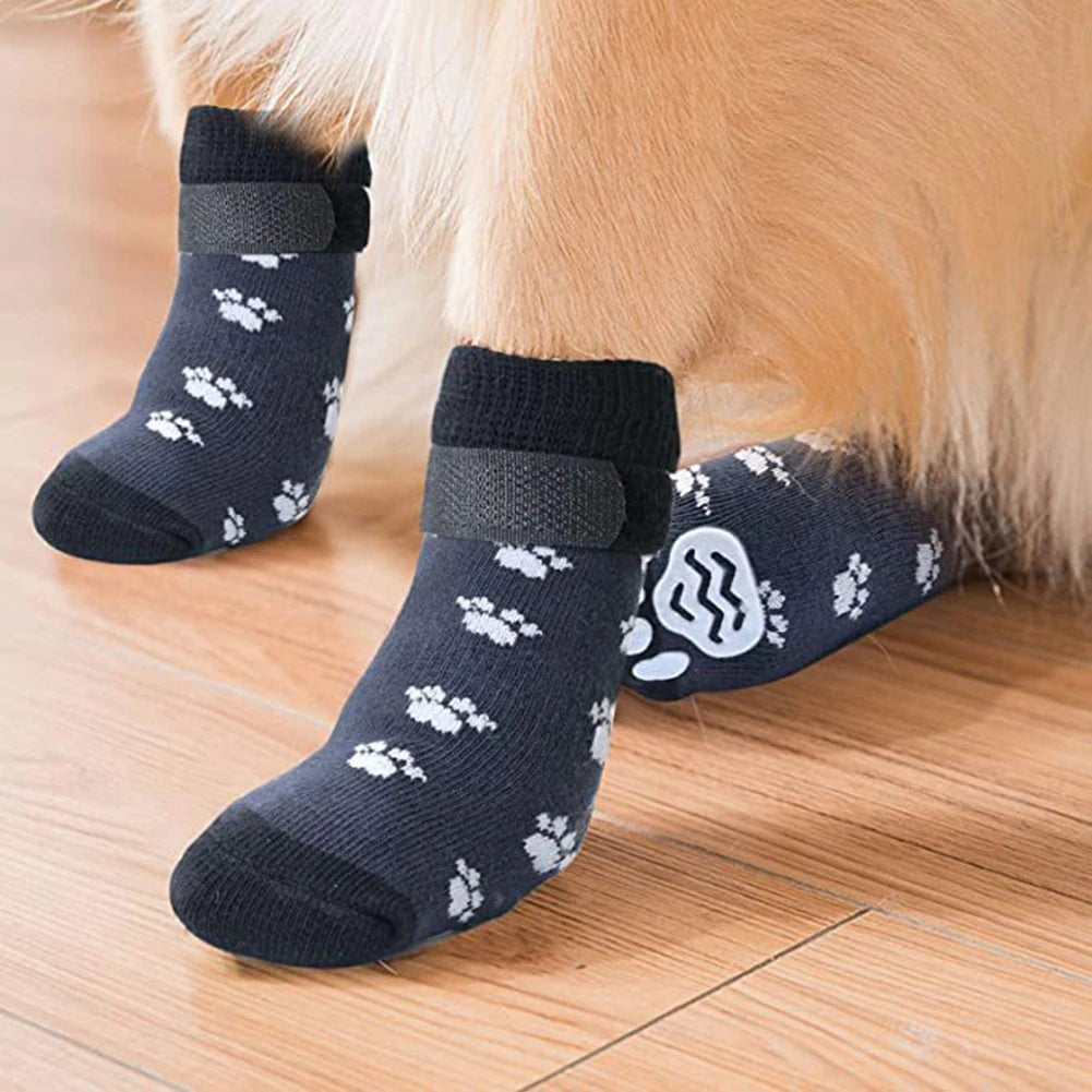 Anti-Slip Dog Socks 4pcs Paw Protector Traction Control Adjustable Indoor Wear Knitted Pet Socks with Rubber Reinforcement