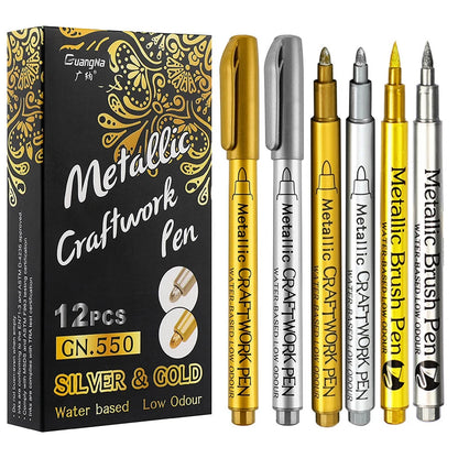 8Pcs/set Metallic Marker Pen Gold Silver Colors Brush Pen Medium Point Markers for Metal Rock Painting Black Paper Card Making