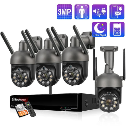 Techage H.265 10CH 3MP Wireless Video Security Camera System Outdoor Two Way Audio Wifi IP Camera P2P CCTV Surveillance NVR Kit