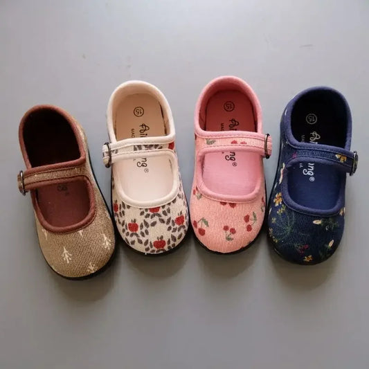 Corduroy Floral Canvas Shoes Girls Square Mouth Indoor Shoes