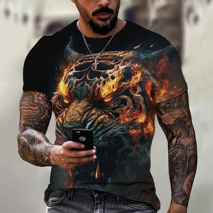 Men's Retro Summer T-shirt, Lion 3D Printed Short Sleeved Top, Oversized Elastic Clothing, Fitness Sweatshirt