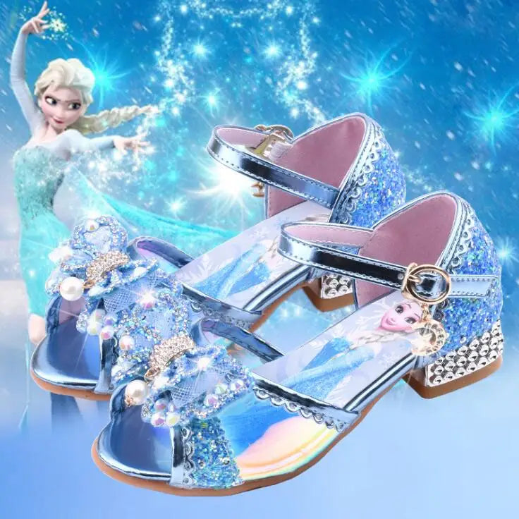 Summer Disney Girls Sandals Frozen 2 Elsa Princess Shoes Little Girls Crystal Shoes Children High Heels Catwalk Show Party Shoes