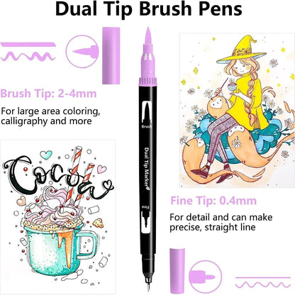 60 Dual Tip Brush Markers Art Markers for Artists,Coloring Pens Brush&Fine Tip Markers for Kids Adult Coloring Books Calligraphy