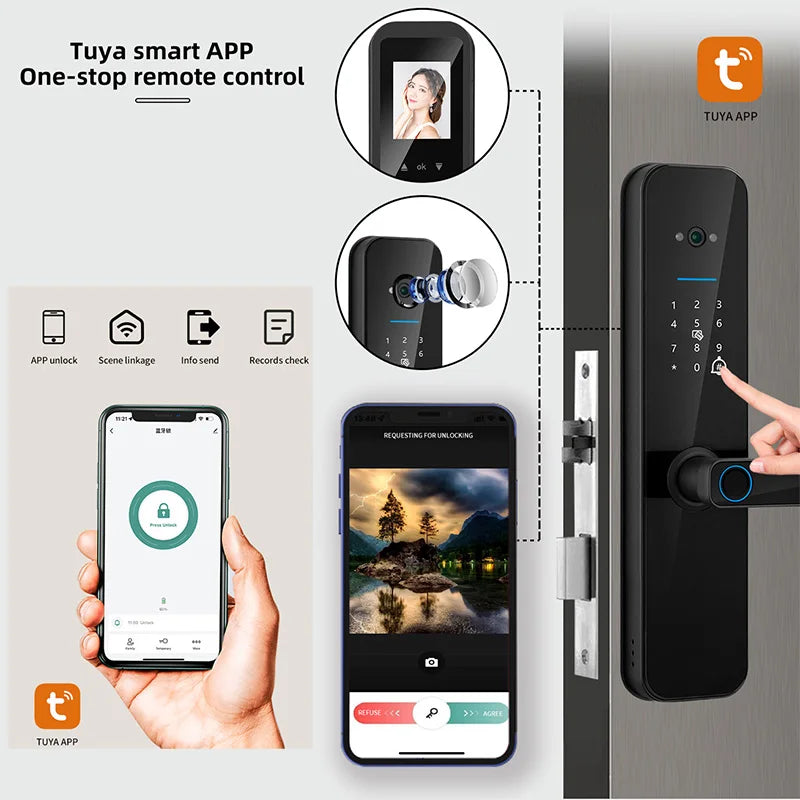 XSDTS Electronic Smart Door Lock Tuya Wifi Digital Biometric Camera Fingerprint Smart Card Password Key Unlock