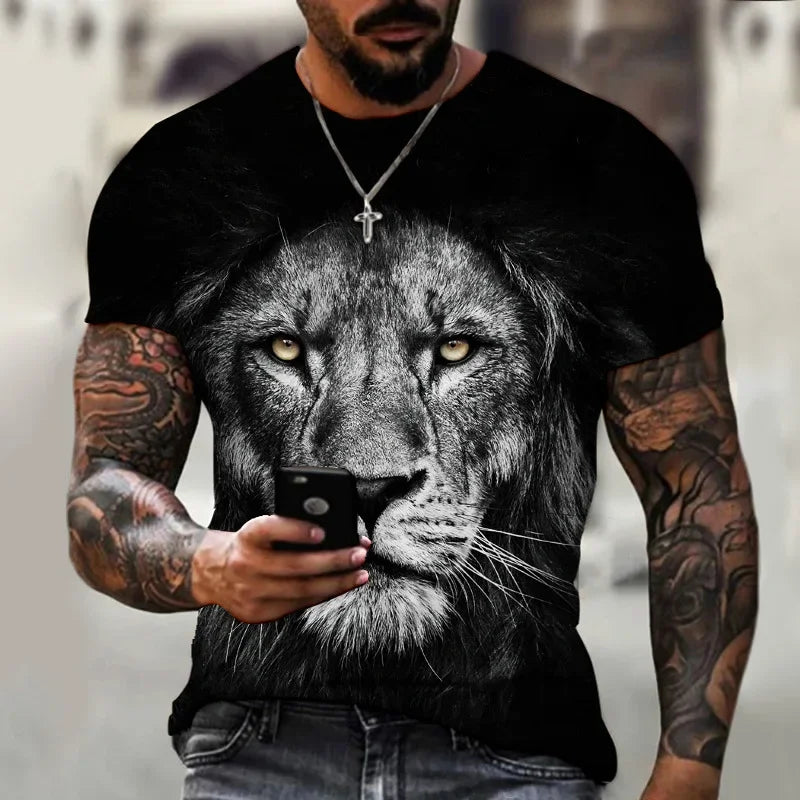 Men's Retro Summer T-shirt, Lion 3D Printed Short Sleeved Top, Oversized Elastic Clothing, Fitness Sweatshirt