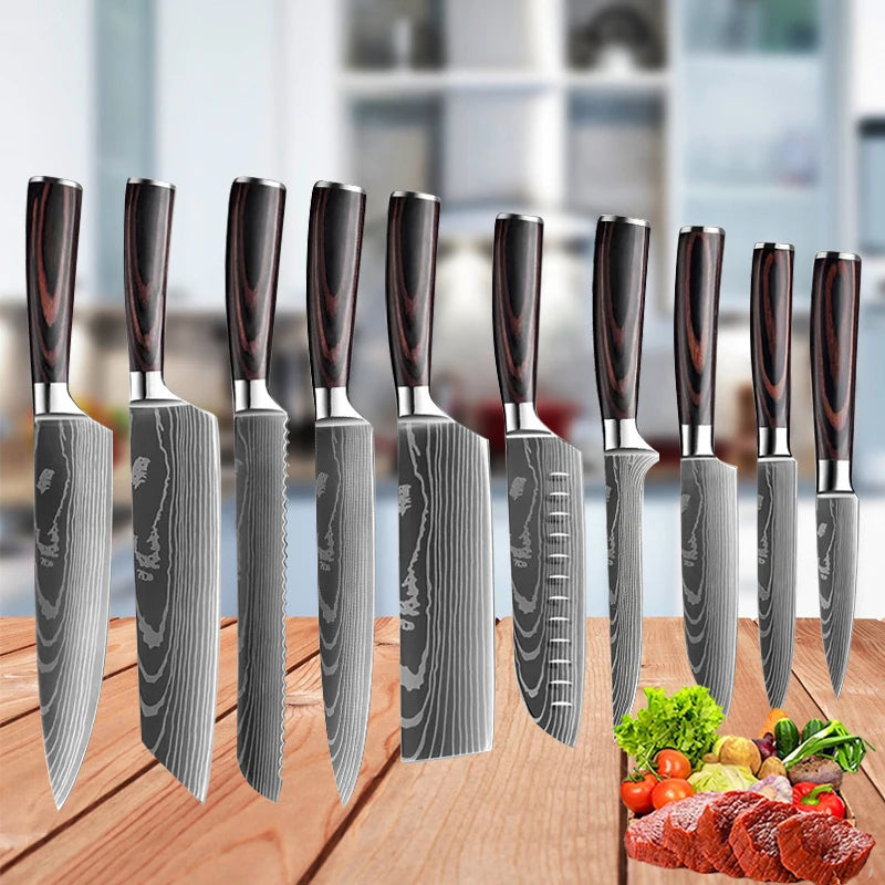 1-10pcs Japanese Knife Set 7CR17 440C Laser Damascus Chef Knife Sharp Kitchen Knives Santoku Meat Cleaver Fish Slicing Knife