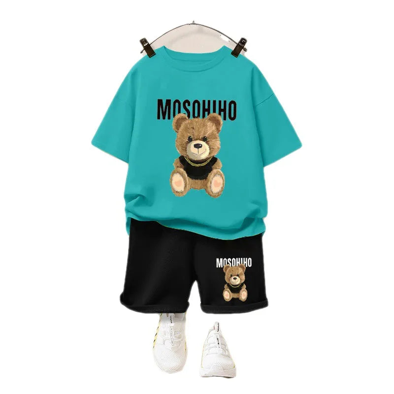 Summer Baby Girl Clothes Kid Boy Cartoon Bear T-Shirts Shorts Suit Children Short Sleeve O Neck Top and Bottom 2 Pieces Set