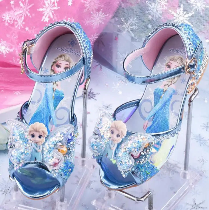 Summer Disney Girls Sandals Frozen 2 Elsa Princess Shoes Little Girls Crystal Shoes Children High Heels Catwalk Show Party Shoes