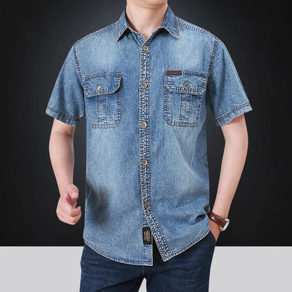 Summer New Simple Polo Collar Men Denim Short Sleeve Shirt Comfortable Thin Mens Top Casual Loose Male Shirts