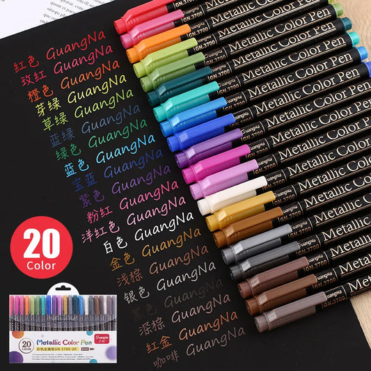 12/20 Colors Metallic Brush Marker Pen Set 2mm Water Based for Black Brown Card Wood Ceramic Glass Drawing pens School Supplies