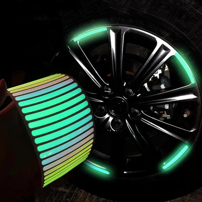 20PC Car Wheel Hub Reflective Sticker Rainbow Fluorescence Luminous Stripe Tape Car Motorcycle Decals Night Driving Safety