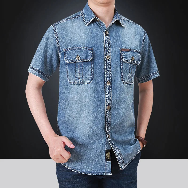 Summer New Simple Polo Collar Men Denim Short Sleeve Shirt Comfortable Thin Mens Top Casual Loose Male Shirts