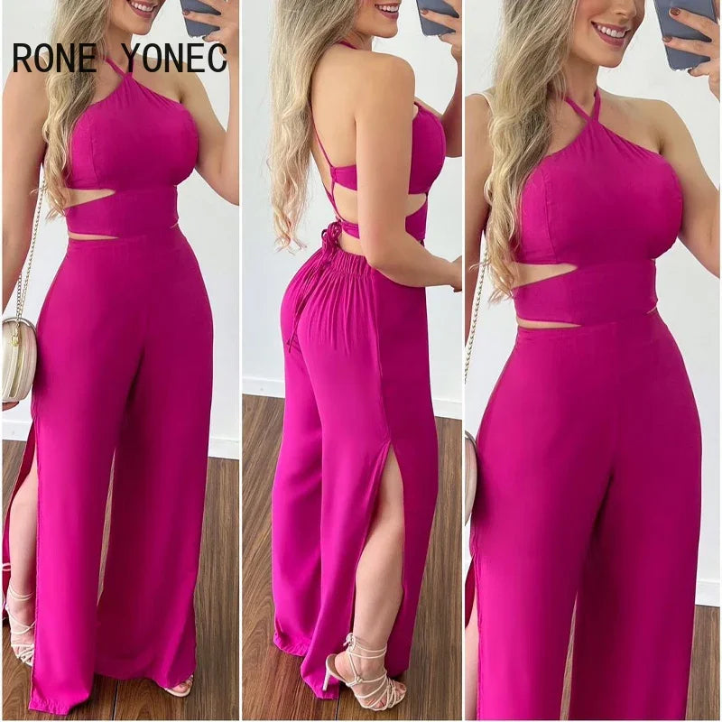 Women Solid Elegant Sexy Halter Cami Crop Top High Silt Elastic Waist Sexy Working Jumpsuit